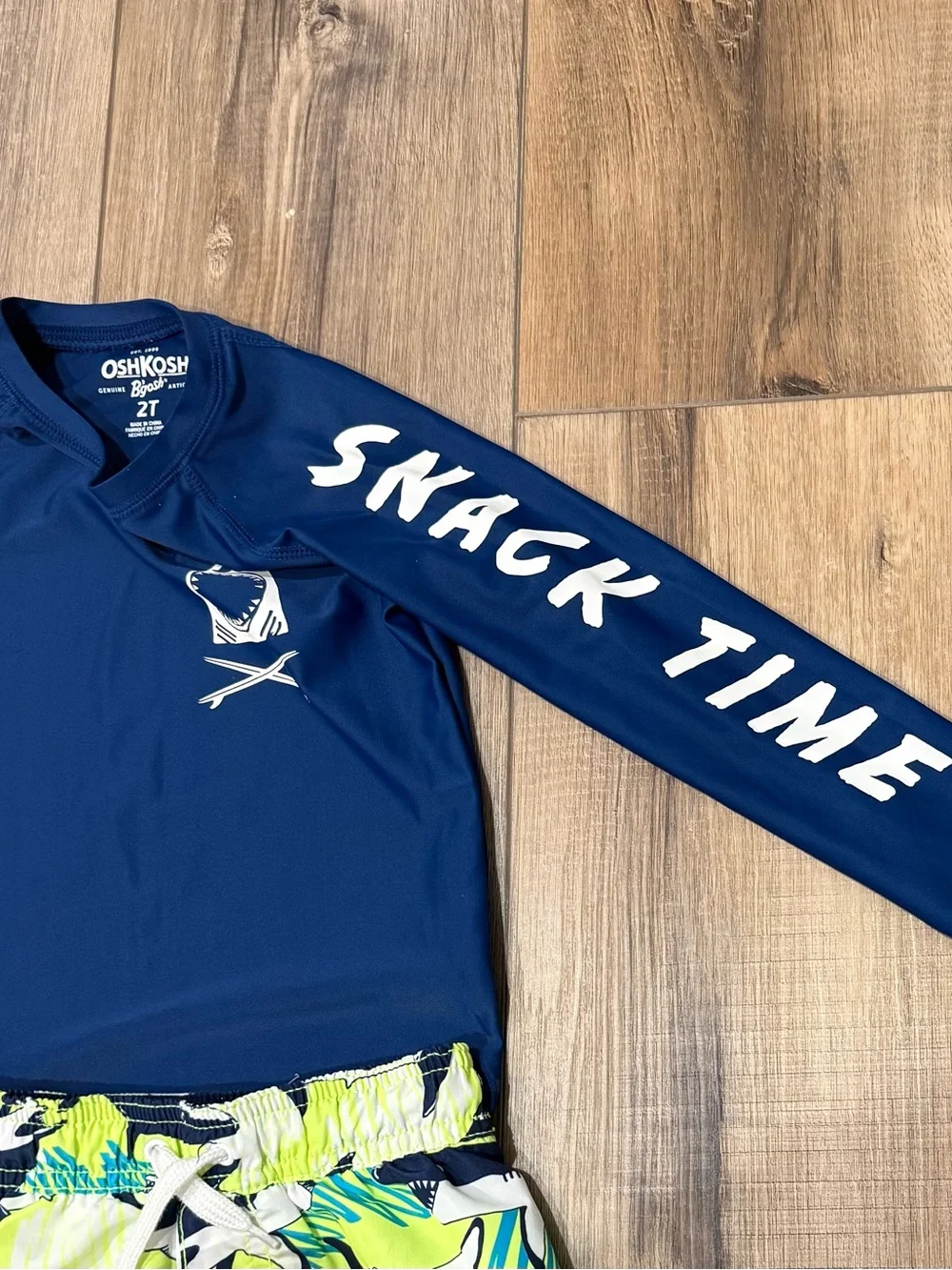 OshKosh B'gosh Navy Blue Shark Rash Guard Set with Lime Shark Swim Trunks